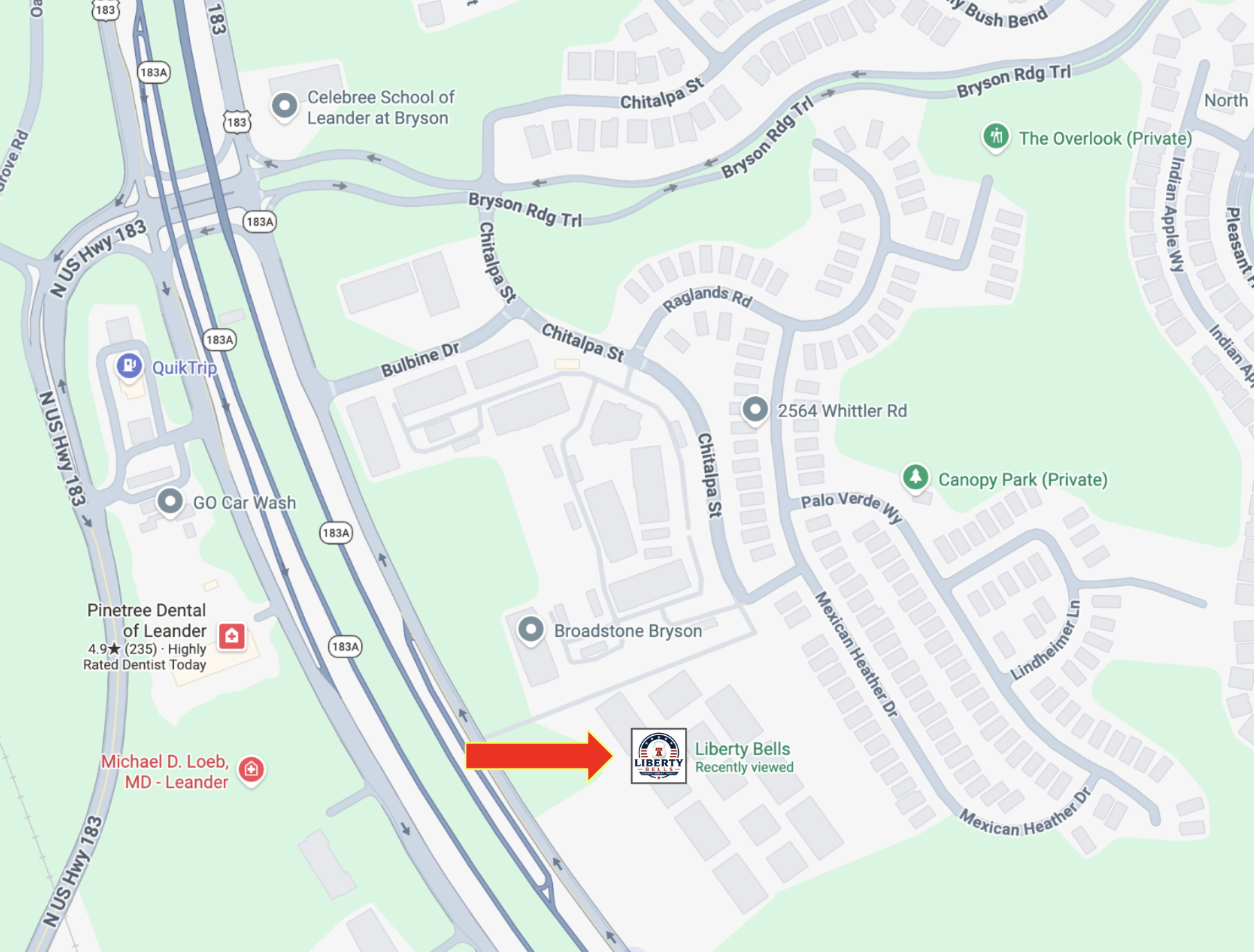 Map showing Liberty Bells off US 183 in Leander, TX