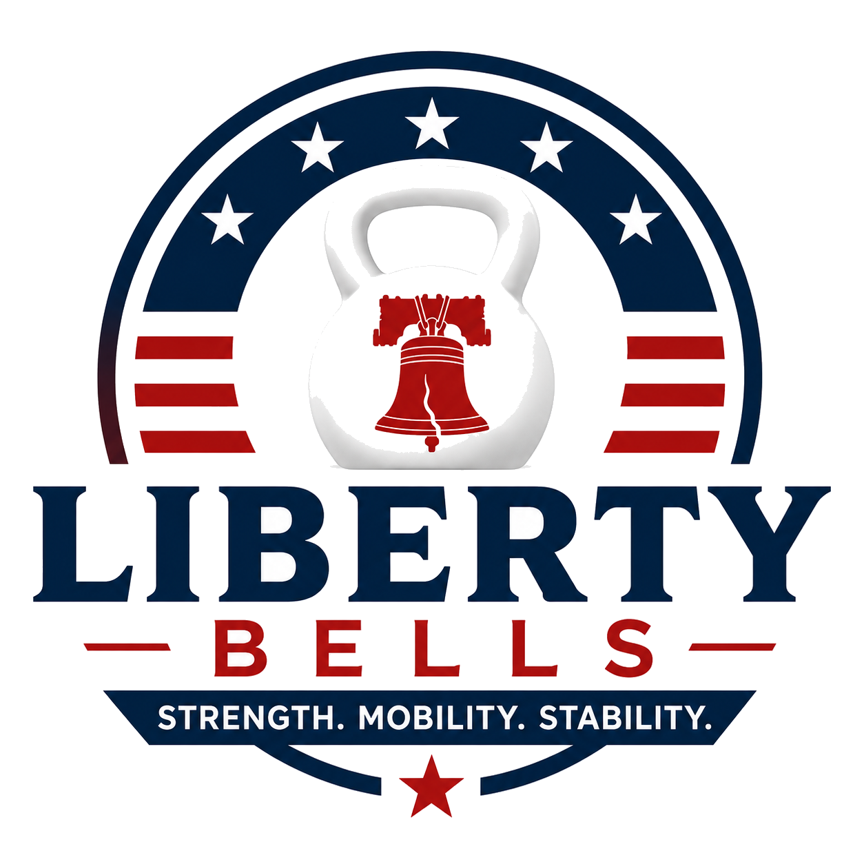 Liberty Bells crest: a kettlebell with the Liberty Bell, stars and stripes